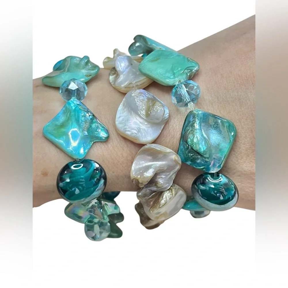 Set Of 3 Abalone Bead Stretch Bangle Bracelet Turquoise White/mother Of Pearl